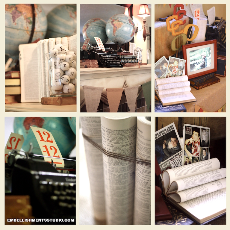 Graduation Party ideas using old books, globes, suitcases, props and more.