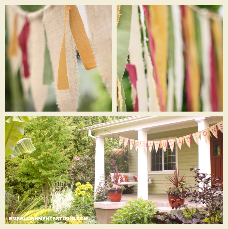 Decorations, pennants and burlap are used to create party supplies for a high school graduation.
