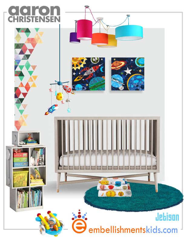 Ideas for a boys nursery in a space, rocket and planet theme by kids designer Aaron Christensen.  The boys room mood board features his art.