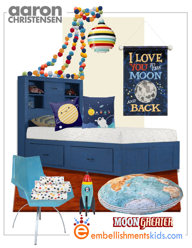 Inspiration and Ideas for a Space themed boys room.  Featuring the I love you to the moon and back wall banner by Aaron Christensen