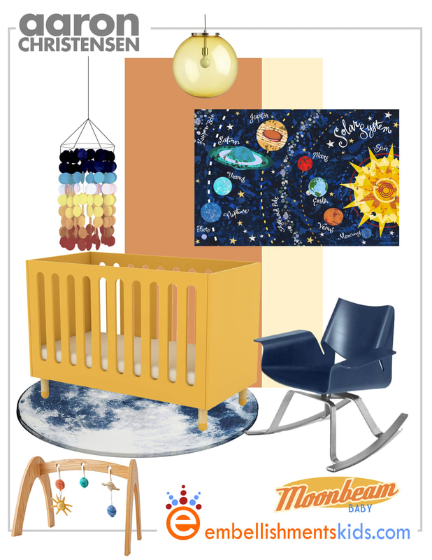 Space Themed Nursery Ideas Mood Board featuring art by Aaron Christensen, kids room designer.