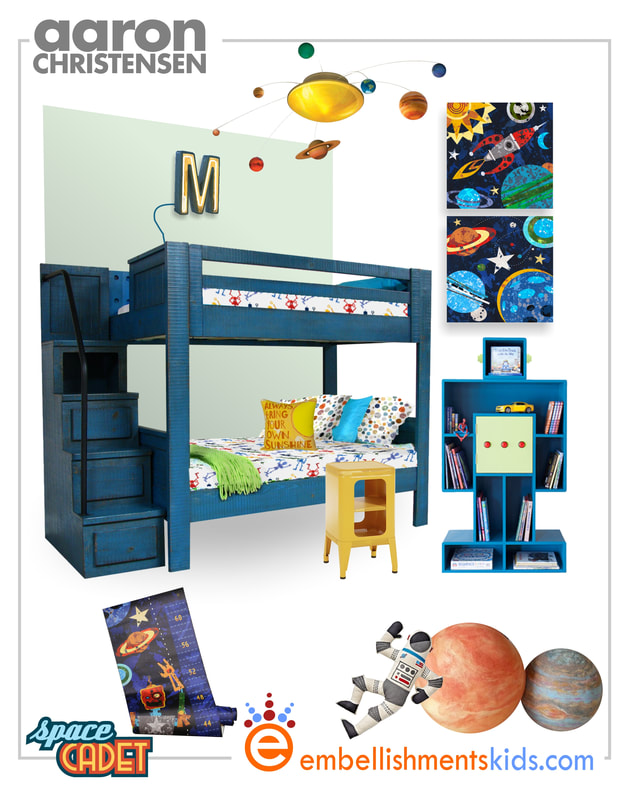 Create a boys room filled with space and solar system inspired decor.  The mood board features Aaron Christensen wall art available in canvases and prints.