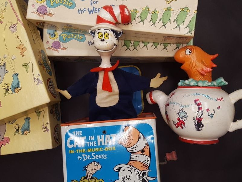 Dr. Seuss Memorabilia, Cat in the Hat jack in the box, fish in cup, puzzles