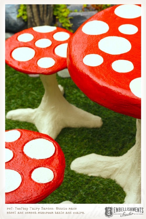 Outdoor cement mushroom table and stools by Aaron Christensen Embellishmentsstudio.com
