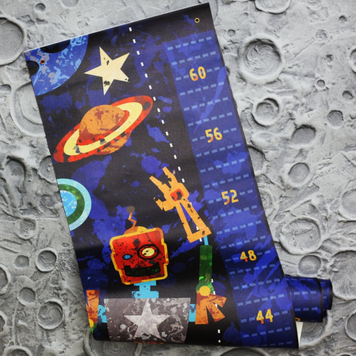Boy Growth Chart in a space robot theme by Aaron Christensen - artist and kids space designer