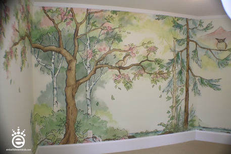 Baby Girls Nursery Mural featuring trees and forest handpainted by Aaron Christensen Embellishments Studio