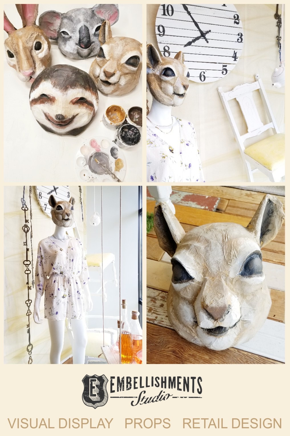 Wonderland Spring Store Display featuring a paper mache squirrel chipmunk and other animal masks by Embellishments Studio 