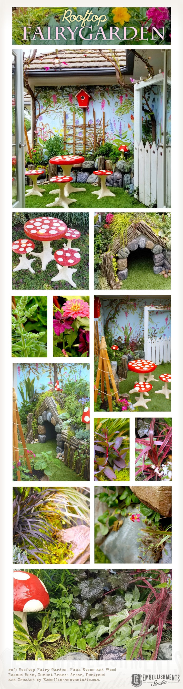 Rooftop Fairy Garden for Kids designed with Mushroom furniture, hobbit-hole doghouse and plenty of fairy and fauna luring plants.