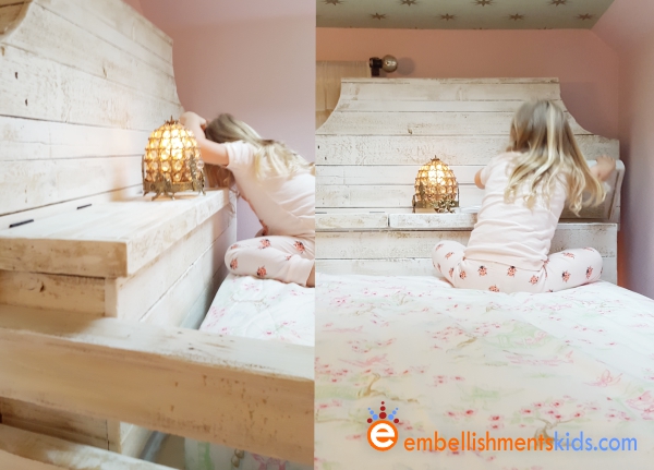  The custom loft bed offers two secret storage area.  The bed is by Embellishments Kids, the studio of Aaron Christensen