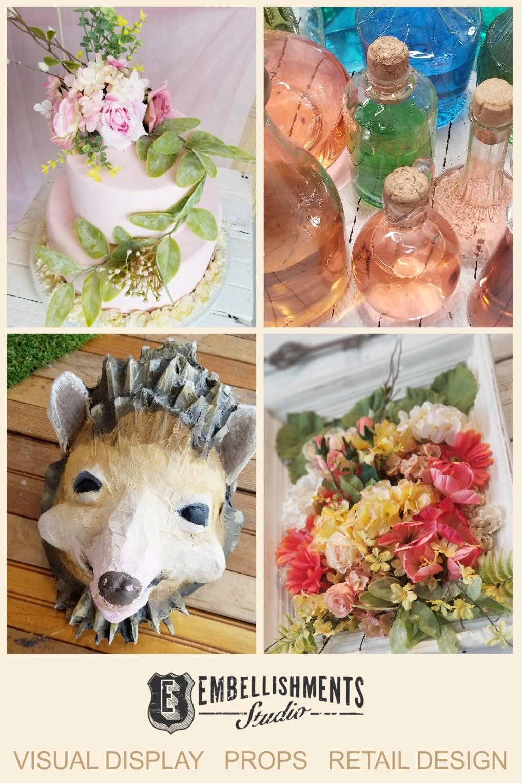 Wonderland Spring Garden Party Display featuring Eat Me, Drink Me props and paper mache animals masks by Aaron Christensen of Embellishments Studio 