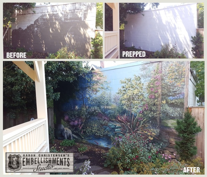 Garden mural to cover ugly exterior wall.  Handpainted by Aaron Christensen EmbellishmentsStudio.com