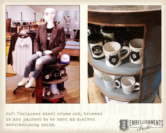 Old barrels were cut open, shelves were added and the exterior faux painted to look old yet colorful.