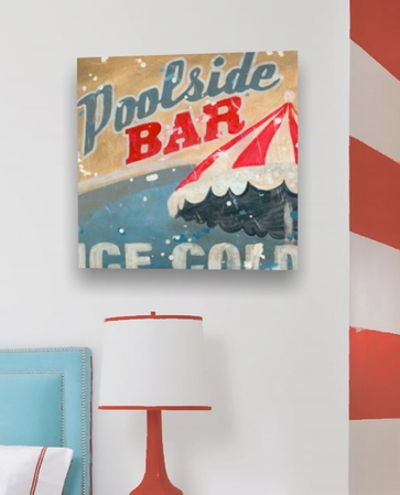 Cocktail Art featuring a poolside bar  advertising that encourages one to order ice cold drinks.