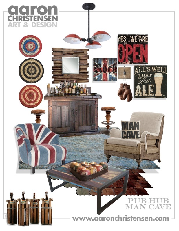An updated version of the old english pub idea for a man cave. Rich woods, a deconstructed feel and my art add to the vintage feel. PUB HUB MAN CAVE