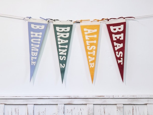 Allstar Felt Sports Pennants for the baby nursery, kids rooms, teen spaces and sports decor interiors. Available in B Humble, Brains 2, Allstar, Beast and GOAT by Aaron Christensen