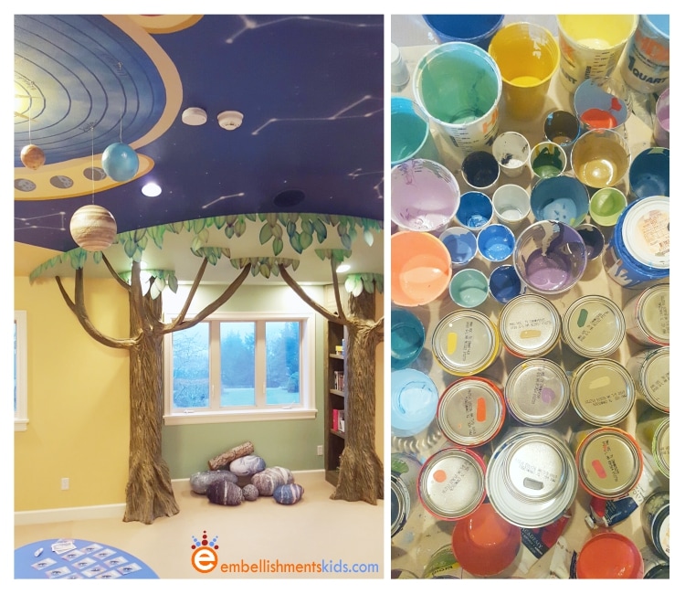 A tree reading nook for kids and a solar system mural by Aaron Christensen