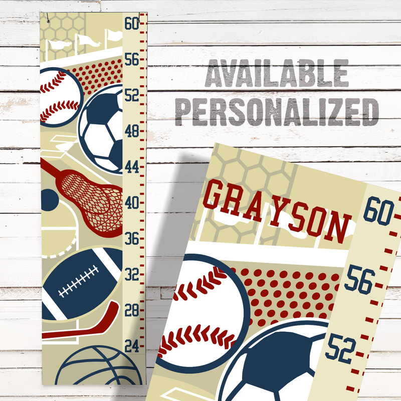 Personalized Wall Decor Growth Chart for Boys in a Sports Theme