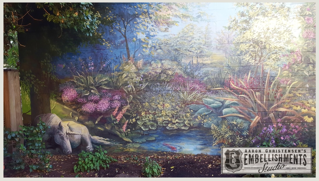 Exterior Garden Mural featuring a Unicorn by Aaron Christensen EmbellishmentsStudio.com