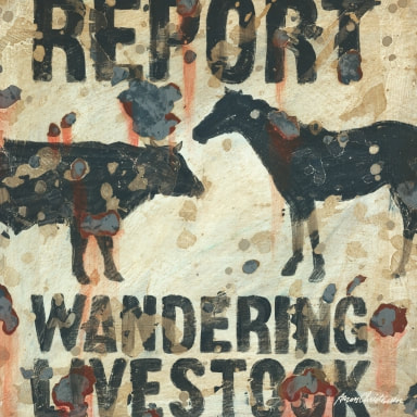 Vintage ranch look old west wall art decor featuring a cow, a horse with the sign like warning Report Wandering Livestock available in canvas and prints.