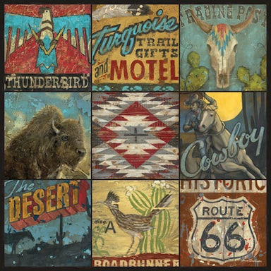 Old west, southwestern style wall art decor with a cowboy, buffalo, thunderbird and more.
