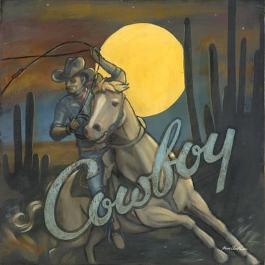 Western cowboy horseback rider at midnight wall art decor featuring southwestern elements by Aaron Christsensen