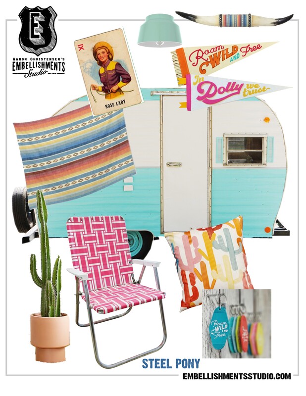 Southwest Cactus Cowgirl Glamping Camper Inspirational Mood Board by Aaron Christensen featuring his art decor and fabrics.r