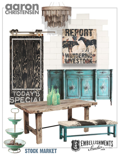 Ideas for the updated western, ranch type kitchen mood board featuring vintage look wall art decor by Aaron Christensen.